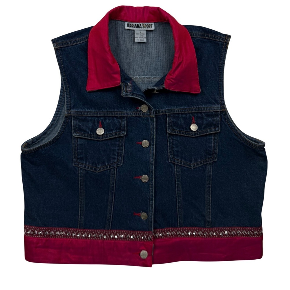 Vintage Adriana Sport Denim Vest L Pink Satin Beaded Rhinestone Western Y2K